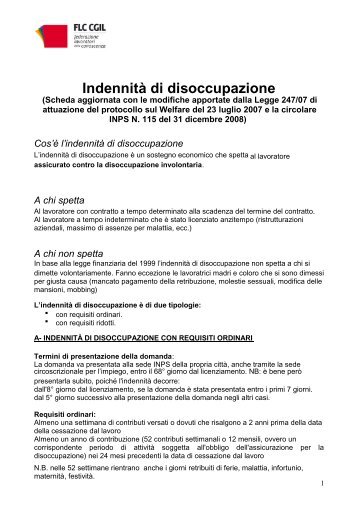 Scheda FLC CGIL su indennitÃ  di disoccupazionea a requisiti ridotti