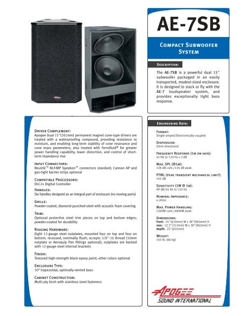 Apogee AE-7SB Compact Subwoofer System Spec  - Apogee Sound