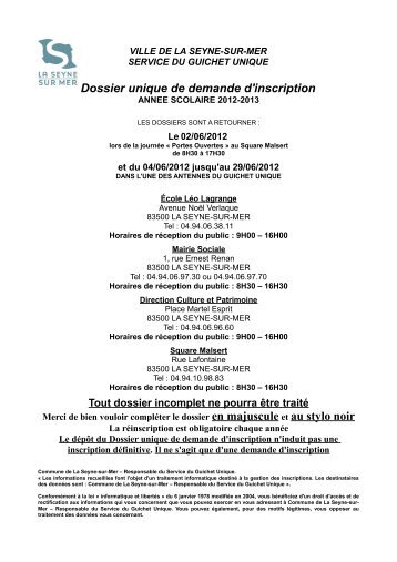 Dossier unique de demande d'inscription - La Seyne-sur-Mer