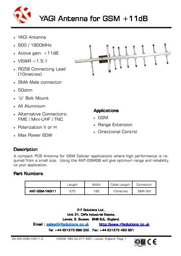 YAGI Antenna for GSM +11dB YAGI Antenna for GSM ... - RF Solutions