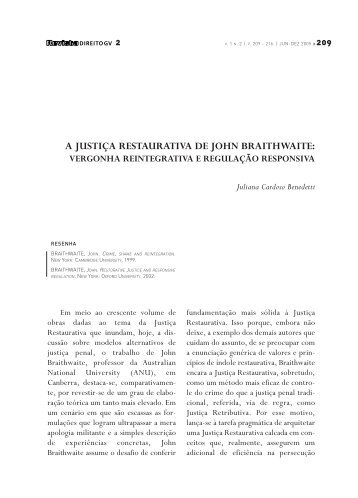 A justiÃ§a restaurativa de John Braithwaite: vergonha reintegrativa