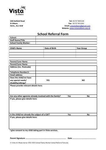 School Referral Form - Vista St Albans