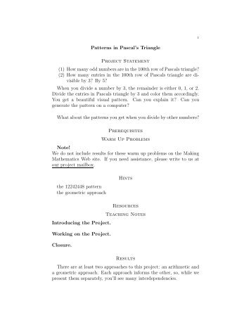 Patterns in Pascal's Triangle Project Statement (1) How many odd ...