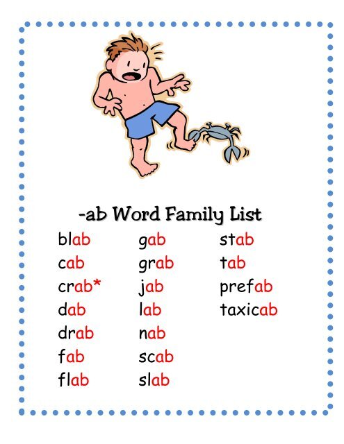 ab Word Family List Ab Word Family List