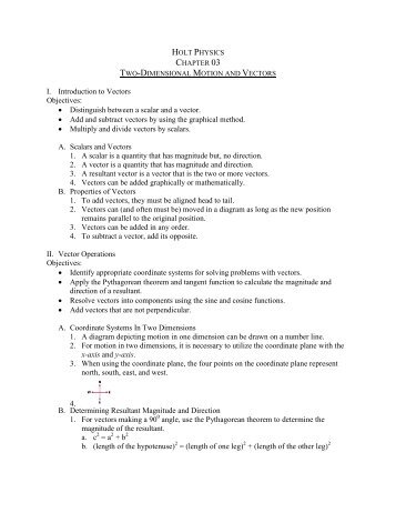 I. Introduction to Vectors Objectives: â¢ Distinguish between a scalar ...