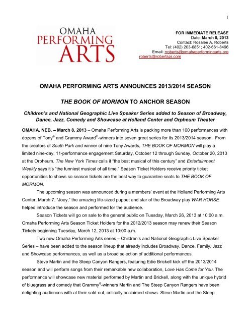 OMAHA PERFORMING ARTS ANNOUNCES 2013/2014 SEASON ...