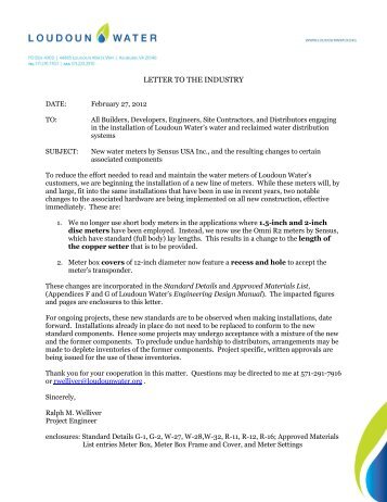 letter to industry Sensus - Loudoun Water