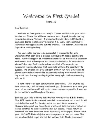 1st Grade Welcome Letter - St. Mary's School