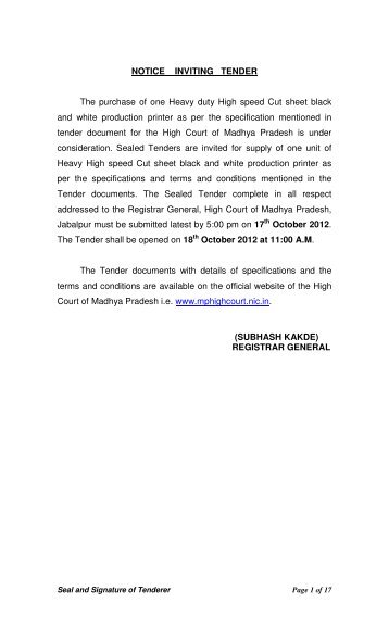 NOTICE INVITING TENDER The purchase of one ... - High Court