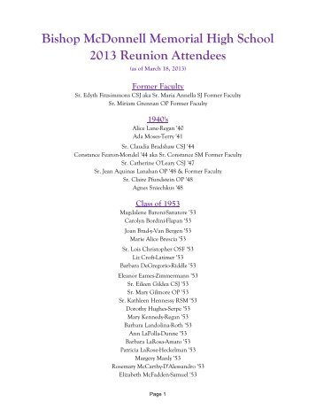 Bishop McDonnell Memorial High School 2013 Reunion Attendees