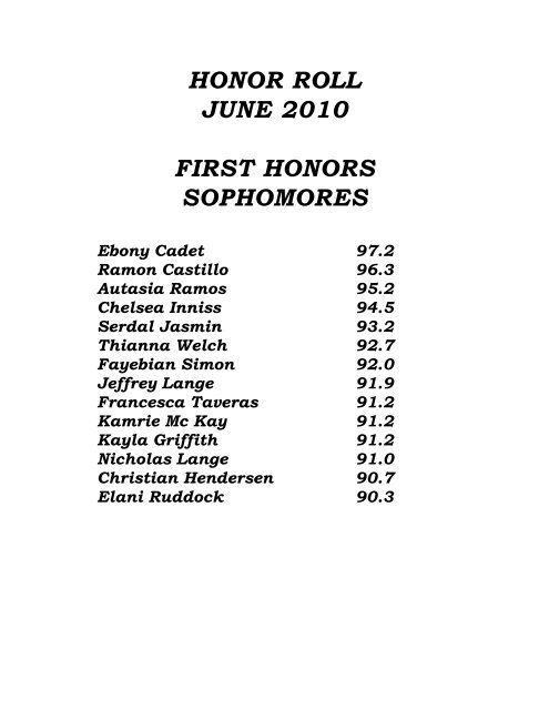 HONOR ROLL JUNE 2010 FIRST HONORS SOPHOMORES