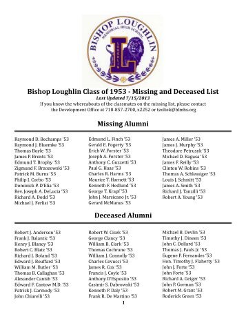 Bishop Loughlin Class of 1953 - Missing and Deceased List Missing ...