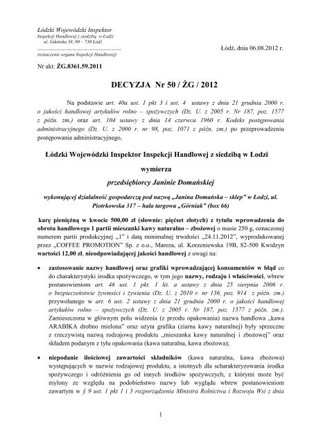Decyzja Nr 50 A A G 12 Wojewaƒa Dzki Inspektorat Inspekcji