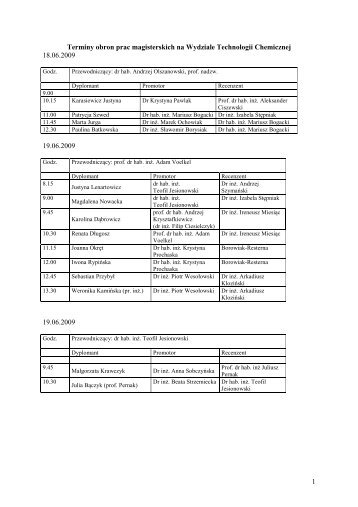 1 Terminy obron prac magisterskich na Wydziale Technologii ...