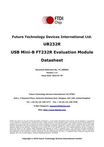 UB232R USB Mini-B FT232R Evaluation Module Datasheet