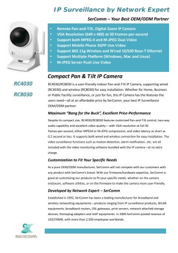 Compact Pan & Tilt IP Camera RC4030 RC8030 IP ...  - SerComm
