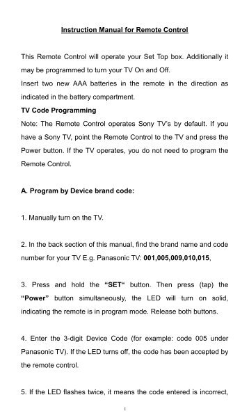 Instruction Manual for Remote Control TV Code Programming - WOW!