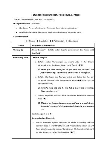 Stundenskizze Englisch, Realschule, 9. Klasse - Unterrichtsdiagnostik