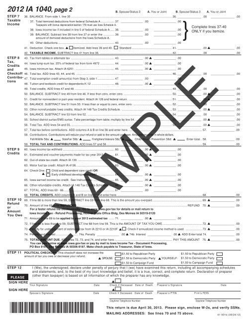 2012 IA 1040 Iowa Individual Income Tax Form - Assumption High ...