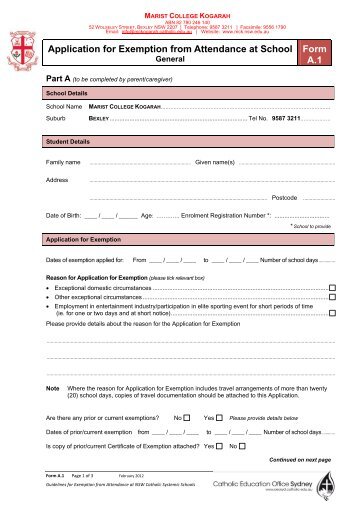 Application for Exemption from Attendance at School Form A.1