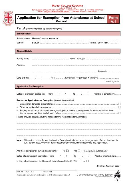 Application for Exemption from Attendance at School Form A.1