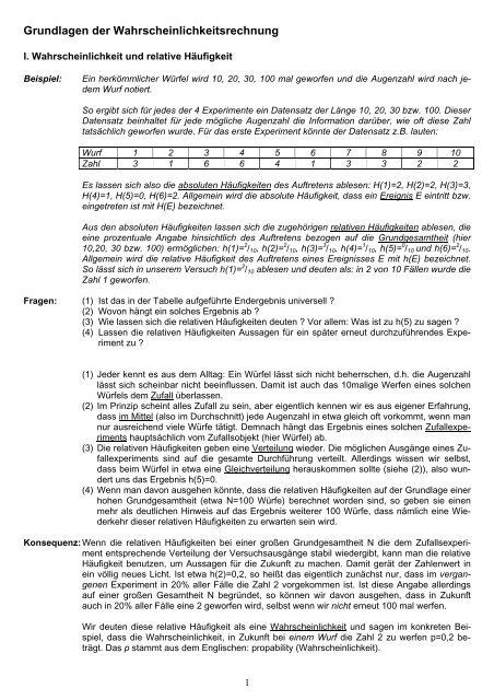Grundlagen der Wahrscheinlichkeitsrechnung - Mathe-Material