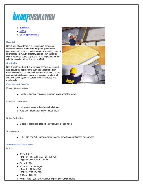 Submittal MSDS Guide Specifications Description Knauf Insulation ...