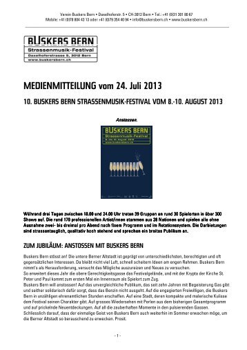 Medienmitteilung vom 24. Juli 2013: 10. Buskers Bern ...