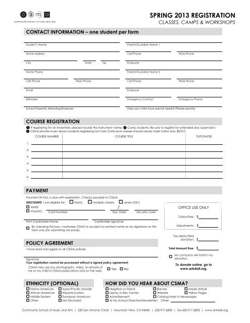 registration form. - Community School of Music and Arts