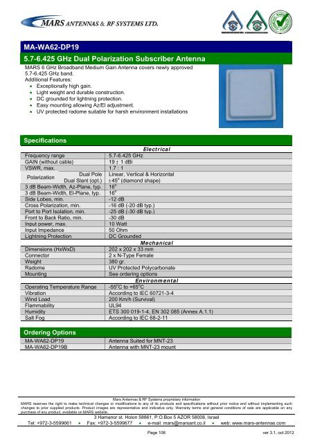 WLL,WLAN,WiFi,WiMAX - Mars Antennas & RF Systems