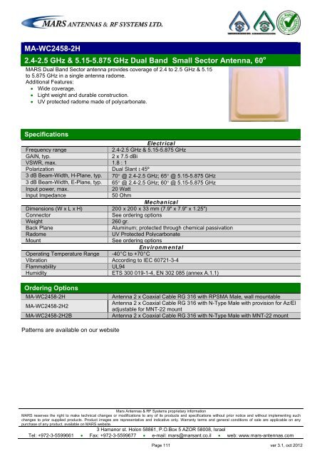 WLL,WLAN,WiFi,WiMAX - Mars Antennas & RF Systems