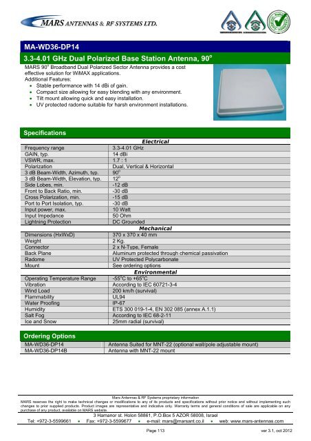 WLL,WLAN,WiFi,WiMAX - Mars Antennas & RF Systems