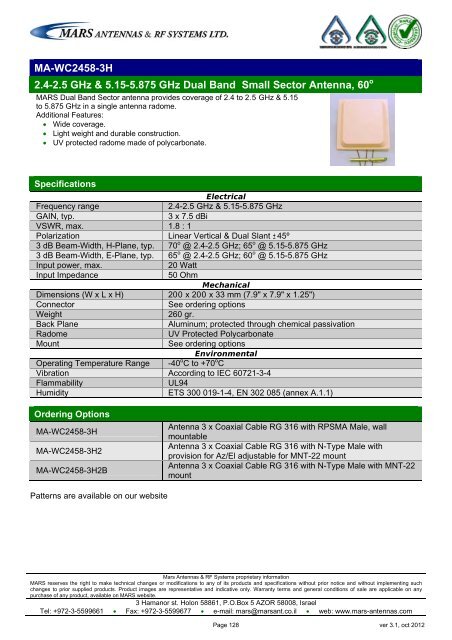 WLL,WLAN,WiFi,WiMAX - Mars Antennas & RF Systems