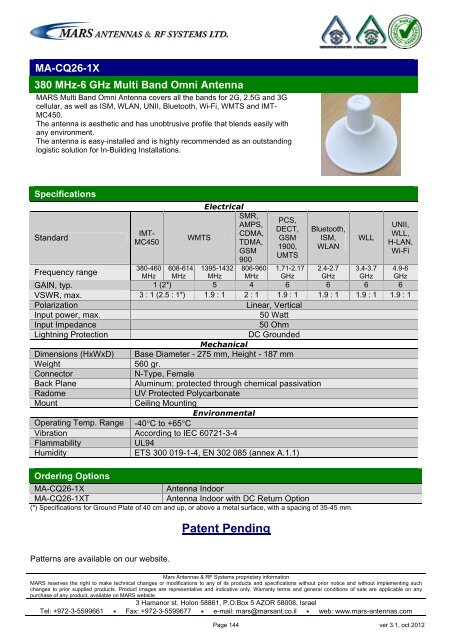 WLL,WLAN,WiFi,WiMAX - Mars Antennas & RF Systems