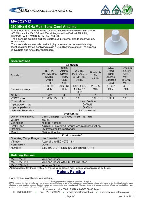 WLL,WLAN,WiFi,WiMAX - Mars Antennas & RF Systems