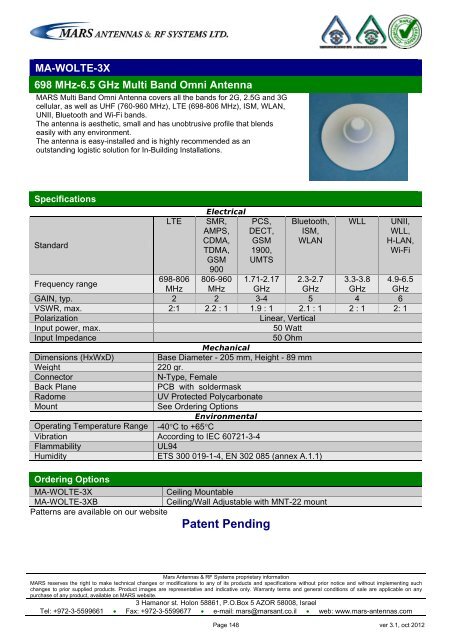 WLL,WLAN,WiFi,WiMAX - Mars Antennas & RF Systems