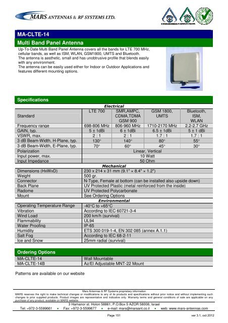 WLL,WLAN,WiFi,WiMAX - Mars Antennas & RF Systems