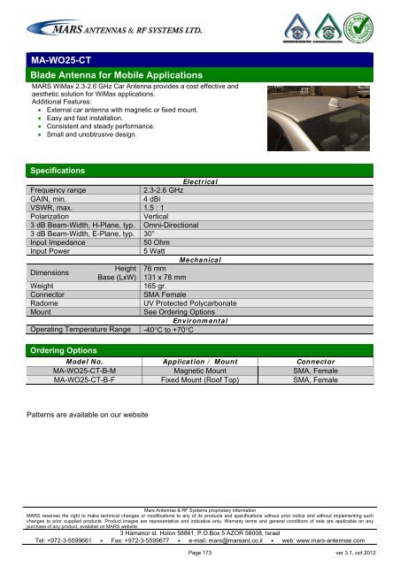 WLL,WLAN,WiFi,WiMAX - Mars Antennas & RF Systems