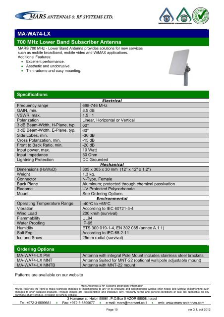 WLL,WLAN,WiFi,WiMAX - Mars Antennas & RF Systems