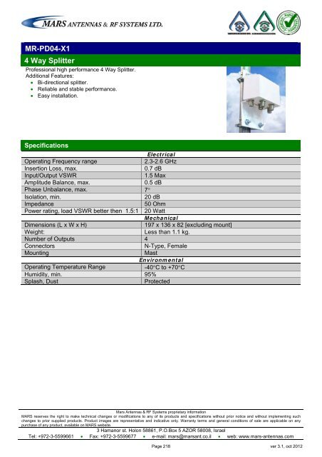 WLL,WLAN,WiFi,WiMAX - Mars Antennas & RF Systems