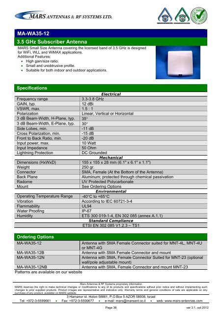 WLL,WLAN,WiFi,WiMAX - Mars Antennas & RF Systems