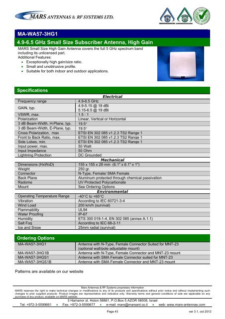 WLL,WLAN,WiFi,WiMAX - Mars Antennas & RF Systems