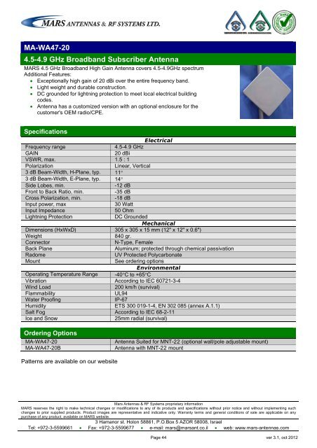 WLL,WLAN,WiFi,WiMAX - Mars Antennas & RF Systems