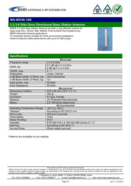 WLL,WLAN,WiFi,WiMAX - Mars Antennas & RF Systems