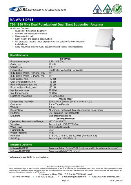 WLL,WLAN,WiFi,WiMAX - Mars Antennas & RF Systems