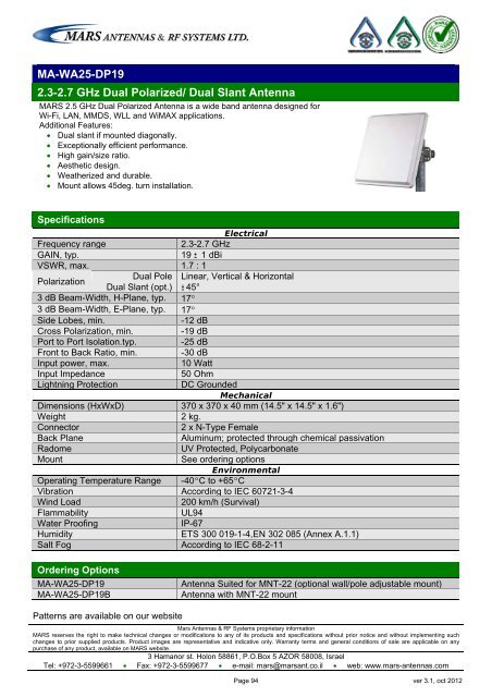 WLL,WLAN,WiFi,WiMAX - Mars Antennas & RF Systems