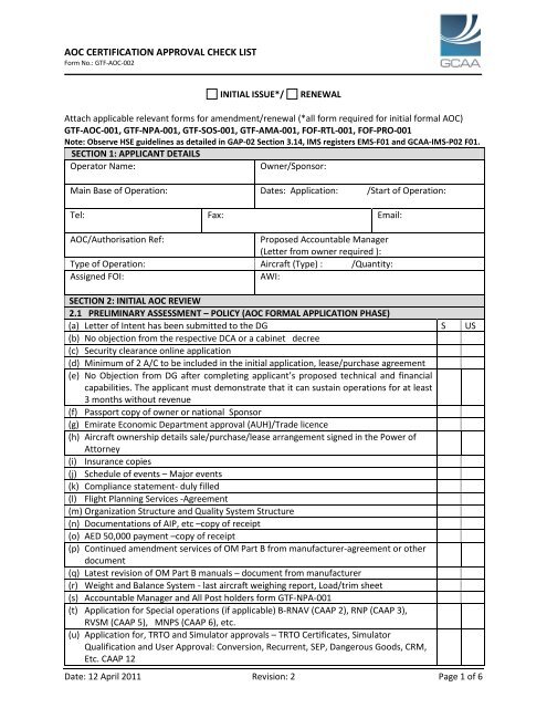 AOC CERTIFICATION APPROVAL CHECK LIST