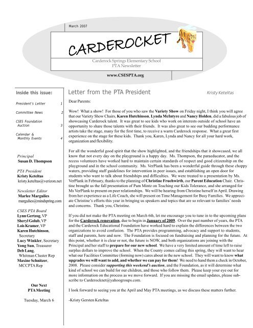 Letter from the PTA President - Carderock Springs PTA