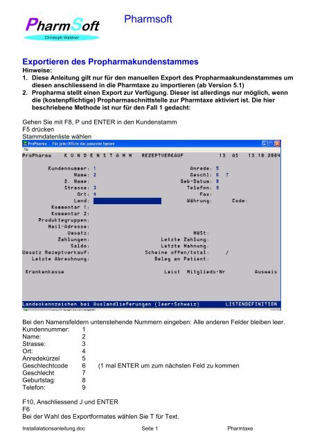 Exportbeschreibung Propharmakundenstamm - PharmSoft