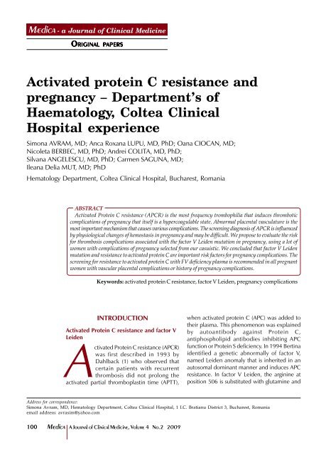 Activated protein C resistance and pregnancy - MÃDICA - a Journal ...